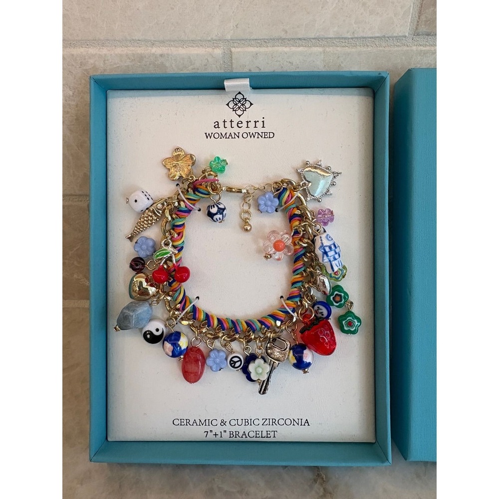 Atterri Ceramic Cubic Zirconia Rainbow Charm Bracelet Gold Tone 7+1 Inch New Box